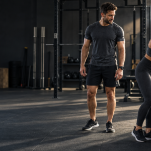 Adults preparing for a workout in a modern gym