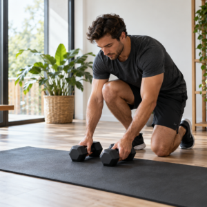 Man preparing dumbbells for a home workout