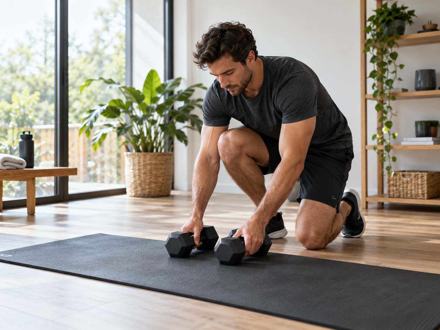 Man preparing dumbbells for a home workout